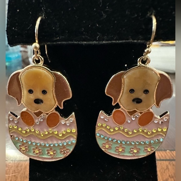 Jewelry - Cute Puppy in Colorful Crystal Egg Earrings in Gold Tone w/Fish Hook Backs NEW
